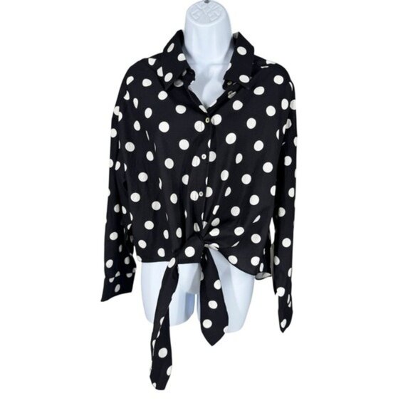 Tuckernuck Juliana Polka Dot Tie Front Blouse NWT Black White Size S - Picture 5 of 10